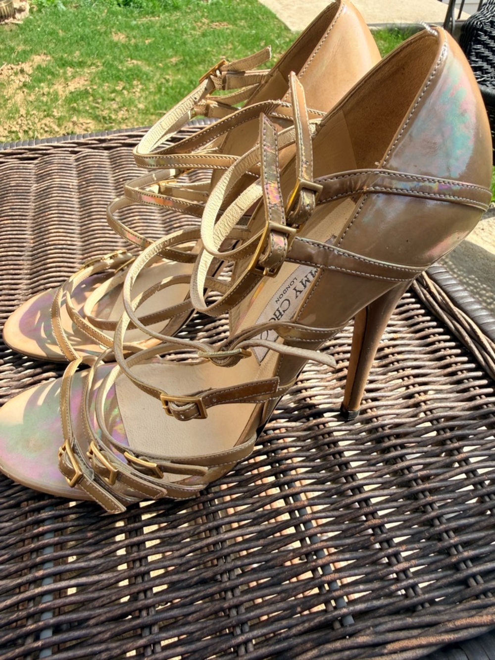 Jimmy Choo Iridescent Nude-Gold Strappy Stiletto Heels